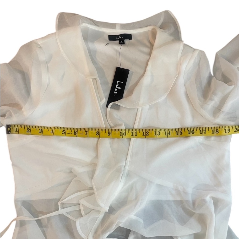 Lulus White Chiffon Ruffled Long Sleeve Tie-Front Top,Large, NWT - Picture 7 of 10